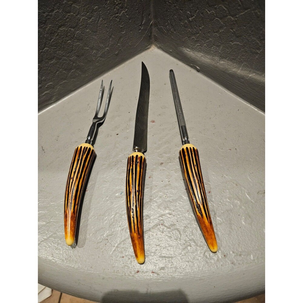 Vintage Crown Crest Sheffield Carving Set Set of 3 Faux Stag Horn